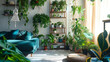 Uma sala de estar arejada e moderna é transformada em um paraíso de selva urbana com uma abundância de elegantes plantas domésticas adornando todas as superfícies