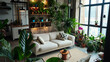 Um moderno apartamento urbano é transformado em um oásis exuberante com plantas verdes em vasos e flores floridas enfeitando cada canto
