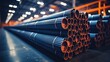 a stack of blue steel pipes in a warehouse or factory with a blurry background. Generative AI	
