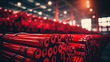 A Stack Of  Red Steel Pipes In A Warehouse Or Factory With A Blurry Background. Generative AI