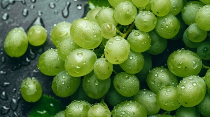  Close-up of green grapes in an above view with water droplets evident.