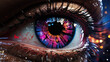 Vibrant Kaleidoscope Iris: Hypnotic Eye with Twilight Cityscape Reflection and Delicate Droplets - Artistic Human Eye Close-Up, AI-Generated