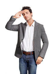 Wall Mural - Portrait, salute and business man in studio with hand gesture for hello, respect or honor on white background. Palm, face and male entrepreneur with finger emoji for greeting, hi or attention wave