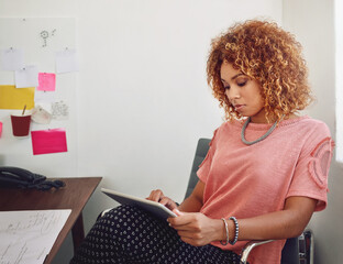 Poster - Communication, woman or designer with tablet for social media, technology or typing online. Business, networking or worker in office on break on blog for web design update or research on app or iot