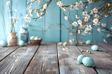 Wall Mural - Easter mockup with colorful eggs and white spring flowers on wooden table and blue background. Easter holiday concept with traditional springtime decoration and copy space.