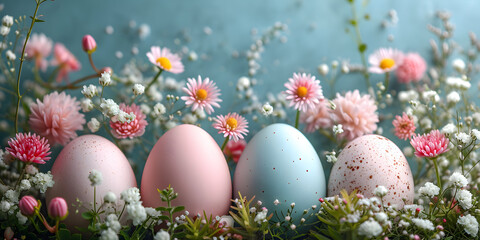 Wall Mural - Easter banner with colorful blue, pink eggs and spring flowers on dark blue background. Easter holiday concept with traditional springtime decoration and copy space.