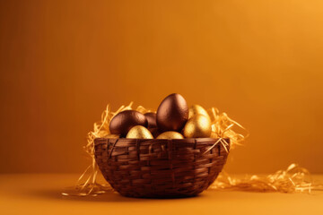 Wall Mural - gold easter eggs on yellow background.