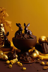 Wall Mural - easter chocolate and decorations on a yellow table with bunnies