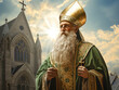 Elderly church priest metropolitan in a green cassock standing by the church AI