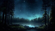 A Serene Forest Landscape Illuminated By The Moonlight, Showcasing A Tranquil Night Scene With A Starry Sky And Silhouetted Trees - Generative AI