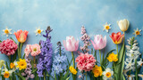 Variation of spring flowers, tulips, narcissus and hyacinths on blue background. Floral border