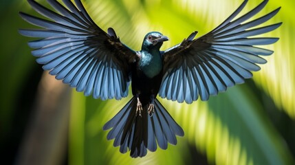 Wall Mural - A Greater Racket-tailed Drongo Displaying Intricate Plumage Patterns in Majestic Flight - AI-Generative