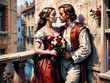 © GERARD - Valentine's Day. Romeo and Juliet, on a balcony with red roses