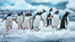 Group of adorable penguins waddling on the icy shores of Antarctica, showcasing the charming antics of these flightless birds, animals, penguins, hd, with copy space