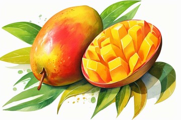 Wall Mural - Watercolor illustration of a summer tropical fruit mango. Generative AI