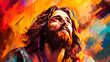 Jesus Christ illustration on abstract colorful background. Spiritual and Inspiring. Religious theme.