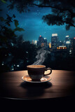 Fototapeta Natura - cup of hot espresso coffee or tea on table on illuminated city skyline background with skyscrapers, mug with drink at urban night view on terrace