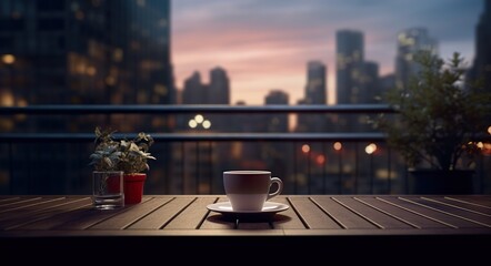 Wall Mural - cup of hot espresso coffee or tea on table on city skyline background with skyscrapers, mug with drink at urban sunset on terrace