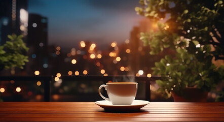 Wall Mural - cup of hot espresso coffee or tea on table on city skyline background with skyscrapers, mug with drink at urban sunset on terrace