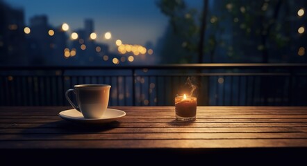 Sticker - cup of hot espresso coffee or tea on table on illuminated city skyline background with skyscrapers, mug with drink at urban night view on terrace