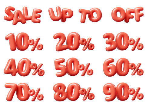 Balloon red number with percent sign and words sale, up to and off 3d render set.