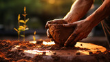 Fototapeta Pokój dzieciecy - Soiled hand shaping clay in an outdoor workshop. Generative AI
