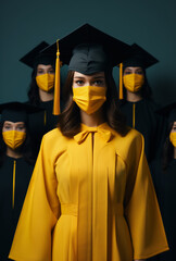 Happy class of graduates with protective masks after the diploma award.Minimal creative education and party concept.Top view.Generative AI