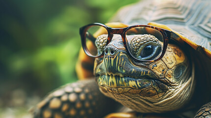 Wall Mural - Very old turtle with bad eyesight wearing glasses. AI Generative