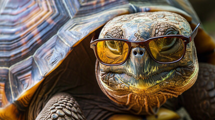 Wall Mural - Very old turtle with bad eyesight wearing glasses. AI Generative