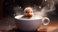 Tiny Duck Swimming In A Cup Of Steamy Hot Chocolate With Tiny Marshmallows, 16:9