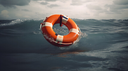 Wall Mural - Lifebuoy floating on sea in storm weather