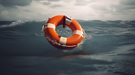 Lifebuoy floating on sea in storm weather