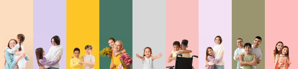 Sticker - Collection of hugging families and little girl with open arms on colorful background