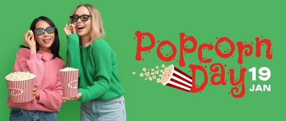 Sticker - Banner for Popcorn Day with young women watching movie on green background