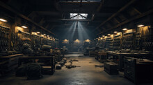 Weapon In Army Dark Warehouse, Metal And Wooden Boxes Of Guns Stored In Military Storage. Illegal Smuggle Arsenal Of Firearm. Concept Of War, Industry, Violence, Package, Background