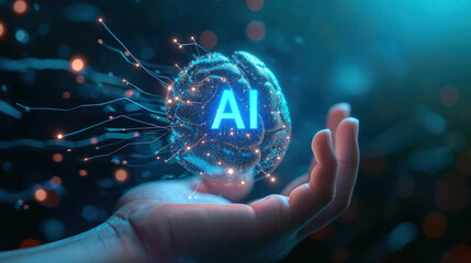 Aufkleber - AI digital brain on human hand, shiny abstract artificial intelligence on dark blue background. Futuristic technology and future. Concept of data, tech, innovation, research