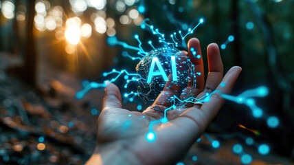 Aufkleber - AI with connection points on human hand, shiny abstract artificial intelligence on forest background. Futuristic technology and future. Concept of data, tech, innovation, nature