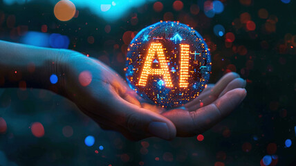 Aufkleber - AI on human hand, abstract glowing shape of artificial intelligence on dark background. Futuristic technology and future. Concept of data, tech, innovation, research and computer