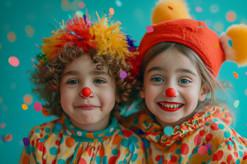 Wall Mural - Smiling children dressed as clowns for carnival