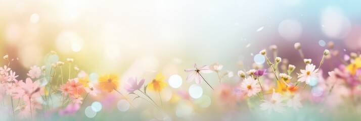 Naklejka na meble Colorful spring banner panoramic pastel colors pink yellow wildflowers at field, sun rays background blurred bokeh. Pure air light spring template with space for text. Design graphic resource backdrop