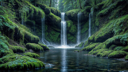  Cascading waterfall and crystal clear water hidden away in forest with green moss and trees, idyllic outdoor natural beauty.
