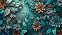 Fantasy-themed 3D Mural Frame, Kaleidoscopic Leaves In Turquoise, Blue, Brown, Green Hexagon, Floral Background.