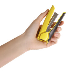 Wall Mural - Woman holding yellow stapler on white background, closeup