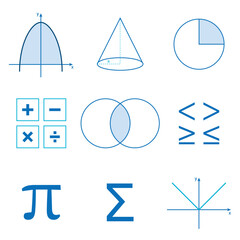 Wall Mural - Mathematics symbols of algebra and geometry line icons. Scientific resources for teachers and students.