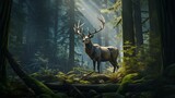 Fototapeta  - Majestic Elk with Impressive Antlers Roaming Through Lush Forest Canopy - AI-Generative