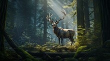 Majestic Elk With Impressive Antlers Roaming Through Lush Forest Canopy - AI-Generative