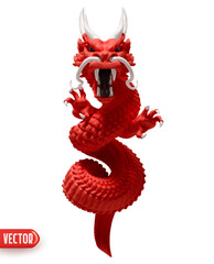 Wall Mural - Chinese traditional red wood dragon realistic 3d cartoon style. Vector illustration