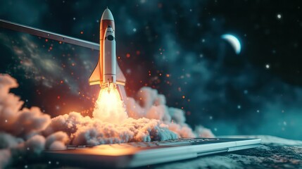 Space rocket shuttle with a cloud of smoke and blast lift off from a laptop. Creative idea and startup. Successful business project. Rocket take off from display