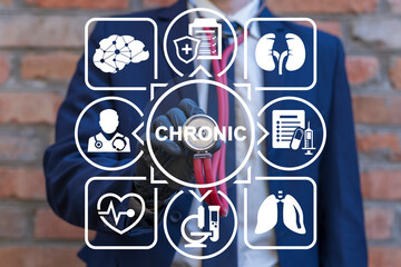 Doctor using virtual interface sees word: CHRONIC. Chronic disease management medical concept. Chronic Illness.