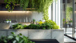 Vegetação exuberante verde transborda modernos vasos de concreto criando um contraste natural com as linhas elegantes e acentos metálicos frescos do espaço urbano